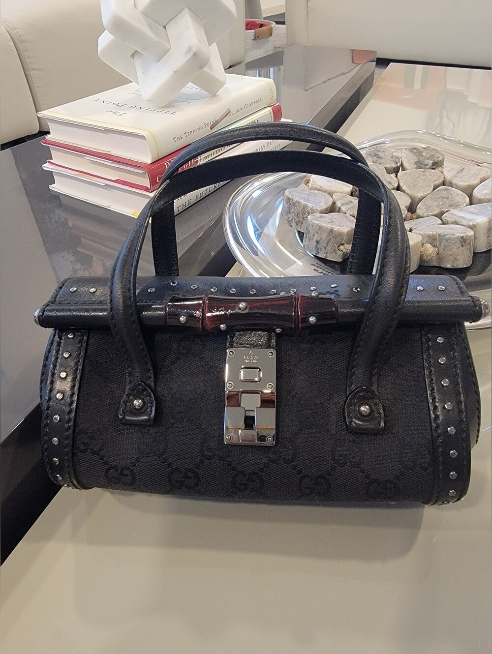 Gucci Vintage GG Monogram Studded Barrel Bag Black Canvas & Leather